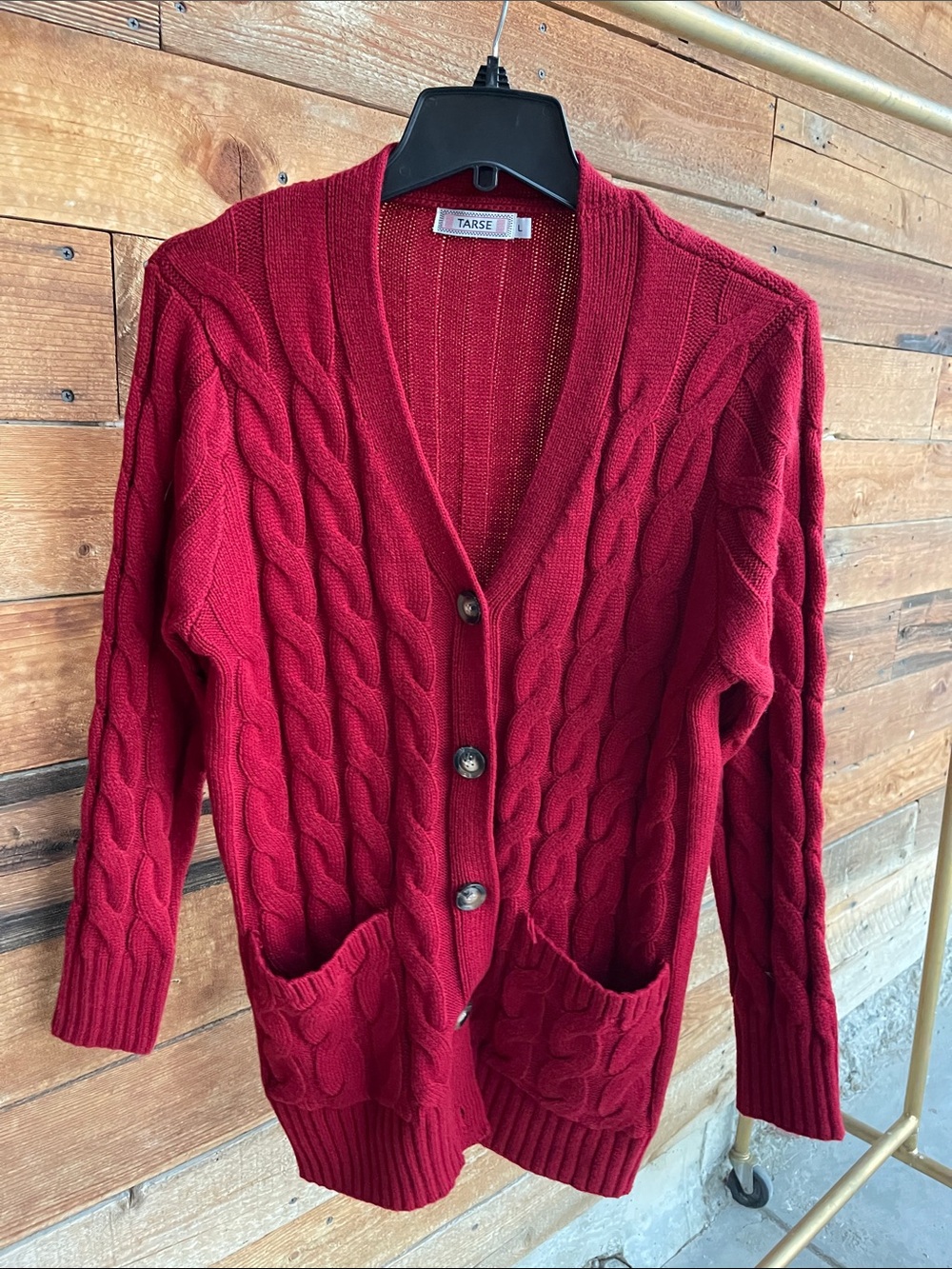 Tarse Cable Knit Cardigan Sweater Women’s Large Red Button Front Pocket Cozy